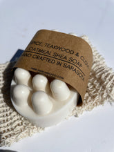 Load image into Gallery viewer, Allspice, Teakwood & Clove Oat Shea Massage Soap with Soap Saver Bag and Dragon Fire Pottery SRQ Soap/Candle Dish.